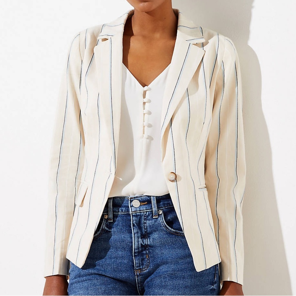 LOFT Stripe‎ Cropped Blazer Women’s Size 2 Linen Blend